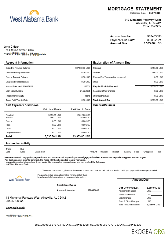 Relevé hypothécaire de la banque USA West Alabama aux formats Word et PDF